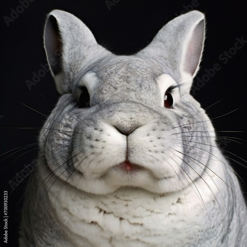 Close-up portrait of a gray bunny on a black background