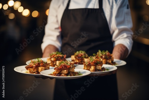 Waiter carrying plates with amazing meat dish. Catering service concept