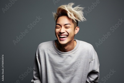 Portrait of a happy young asian man laughing against grey background © Picasso