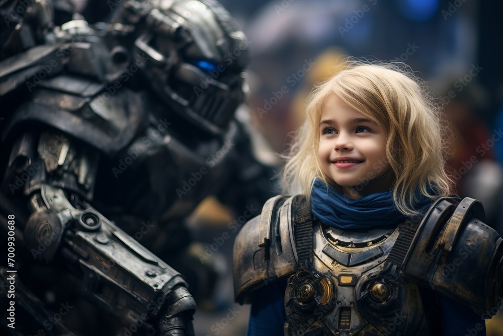 Portrait of a cute little girl in a costume of knight.