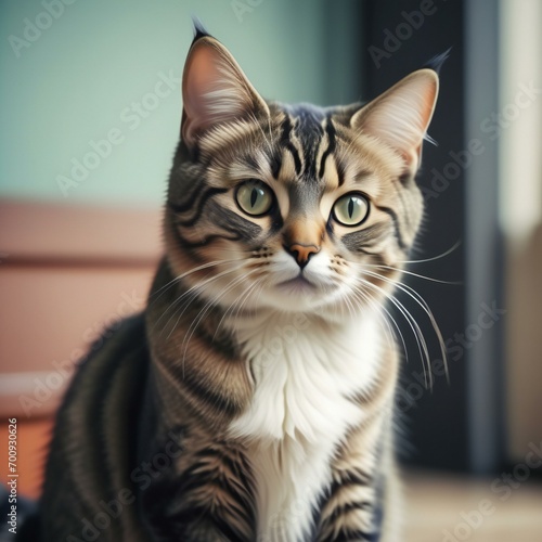 Portrait of beautiful tabby cat with green eyes looking at camera