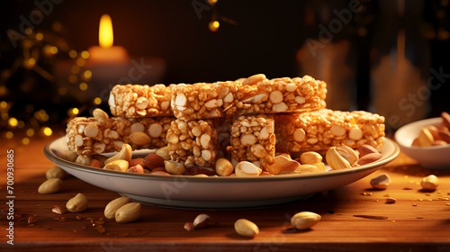 Delicious peanut butter bars on a wooden table against a blurred background  closeup