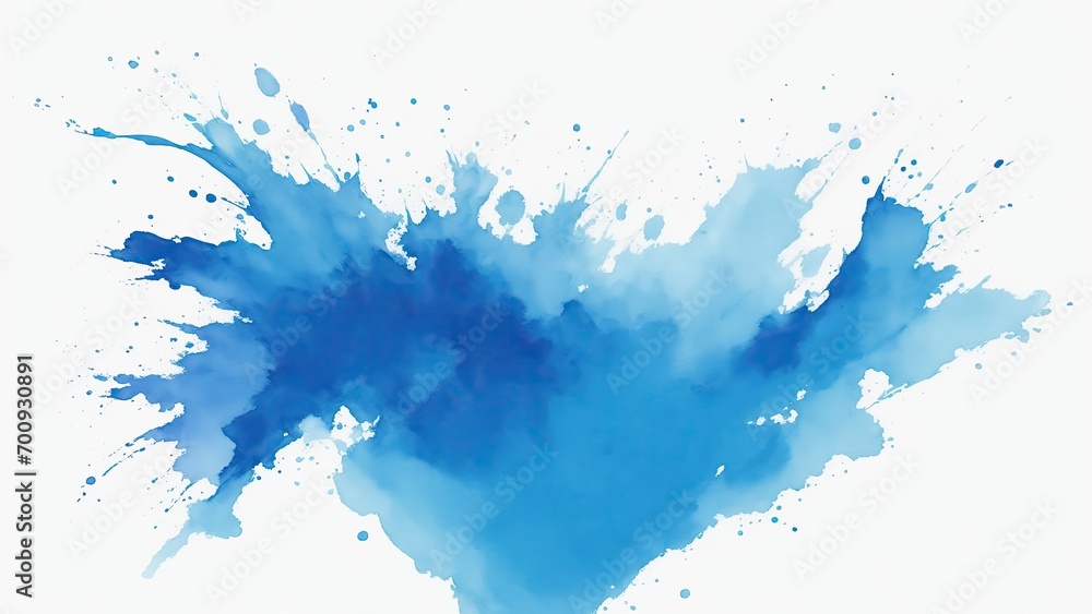 Blue watercolor paint splashes texture on white background