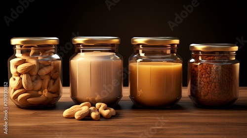 Different types of peanut butter in glass jars on a wooden table.