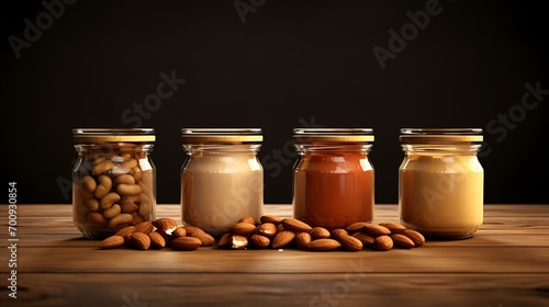 Different types of peanut butter in glass jars on a wooden table.