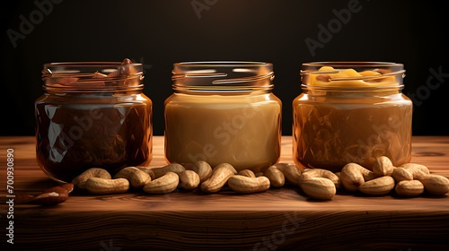 Peanut butter in glass jars on a wooden table. 3d rendering