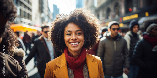 Generative AI image of smiling afro woman in New York City photo
