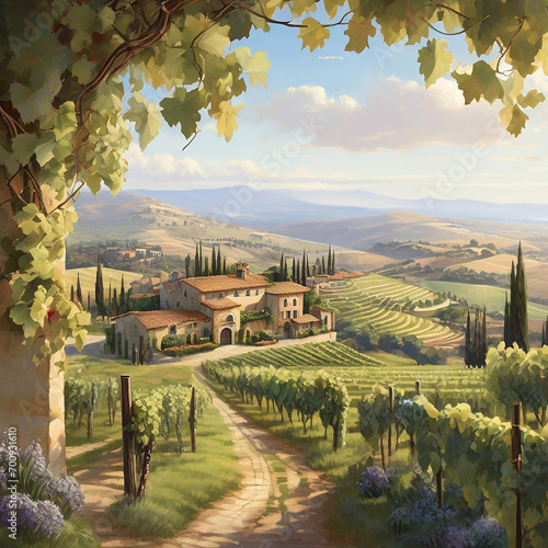 Digital painting of a Tuscany, Italy landscape with a vineyard ai generated photo