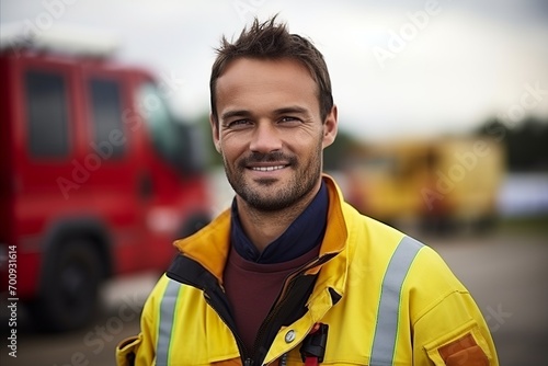 Portrait of a smiling fireman standing in front of a fire truck