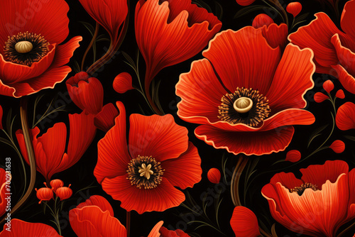 red poppies, flowers from quilling paper on a black background, 3D