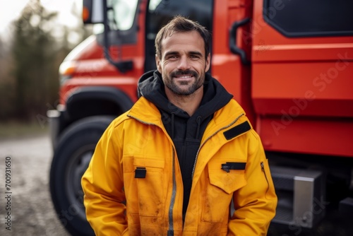 Handsome smiling man in yellow raincoat standing near truck.