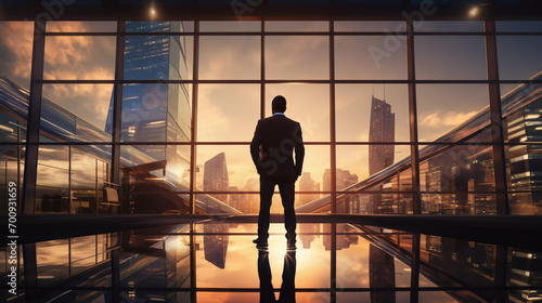 businessman in a modern glass building in front of a skyline during sunset hyper realistic 