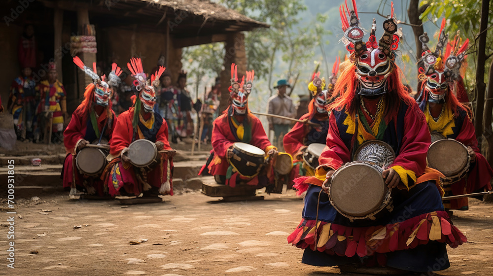 a tribe in masks with drums dances in bright colorful outfits