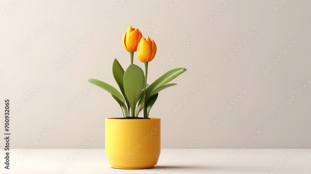 yellow tulip growing in a flowerpot, 3D illustration