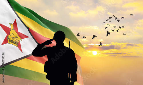 Silhouette of a soldier with the Zimbabwe flag stands against the background of a sunset or sunrise. Concept of national holidays. Commemoration Day. photo