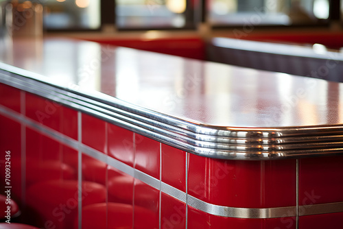 Close up eye level view of an empty diner counter top