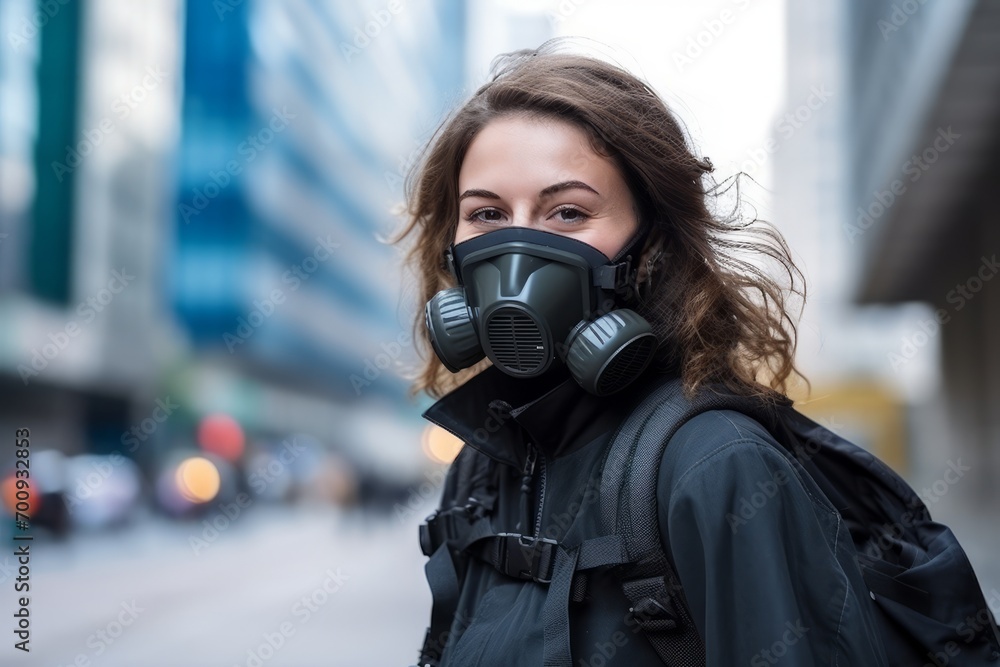 Portrait of a young woman wearing a gas mask in the city Portrait of a young woman wearing a gas mask in the city