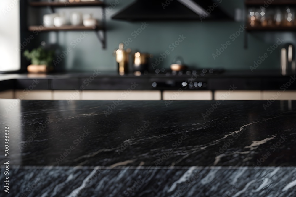 Interior of a kitchen. Marble black table in kitchen for product placement.