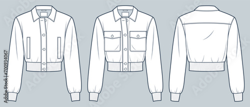 Button down Jacket fashion flat technical drawing template. Bomber Jacket technical fashion illustration, pockets, rib, front and back view, white, women, men, unisex CAD mockup set.