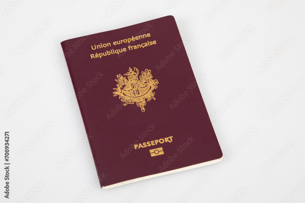 european biometric passport for the french republic on white grey background european biometric passport for the french republic on white grey background
