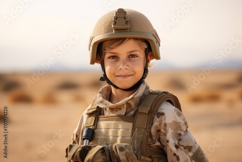Portrait of a cute little boy dressed as a soldier in the desert © Nerea