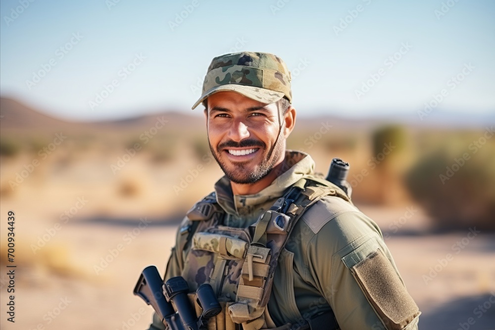 Portrait of a smiling soldier with assault rifle standing in the desert
