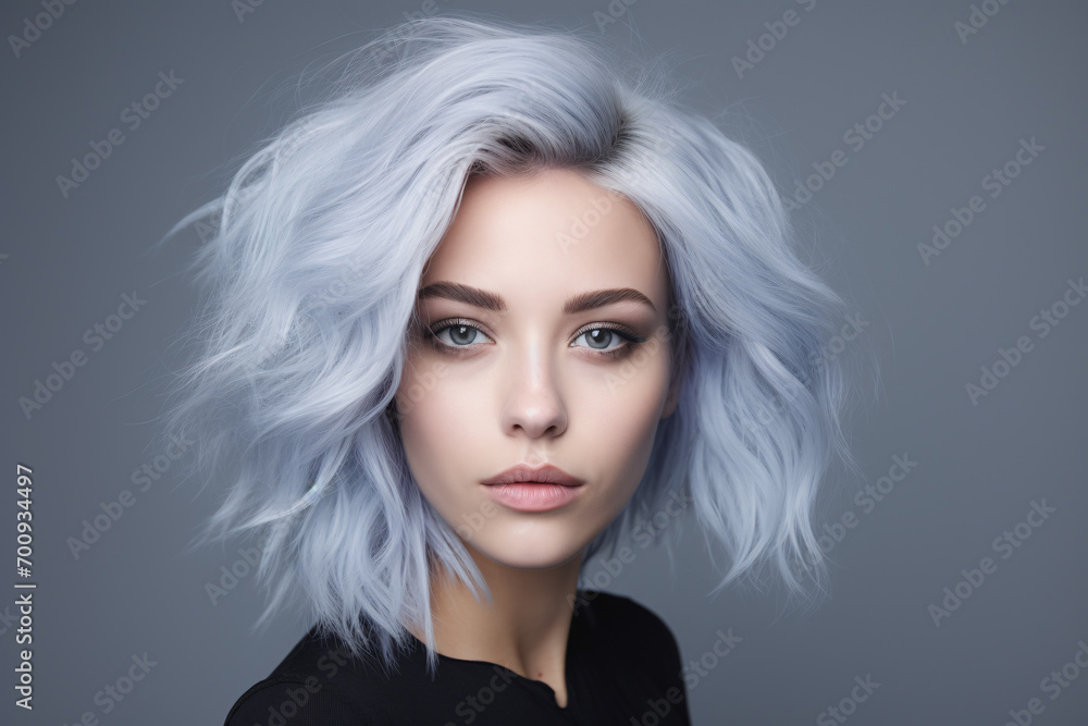 Portrait of beautiful young woman with white dyed hair with bluish hue in front of studio background Portrait of beautiful young woman with white dyed hair with bluish hue in front of studio background