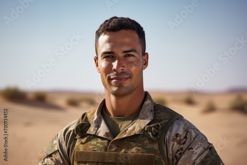 Portrait of a handsome young soldier standing in the middle of the desert