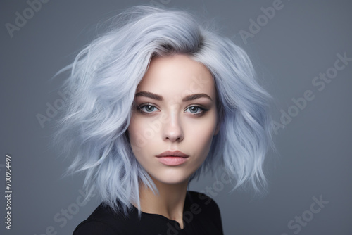 Portrait of beautiful young woman with white dyed hair with bluish hue in front of studio background