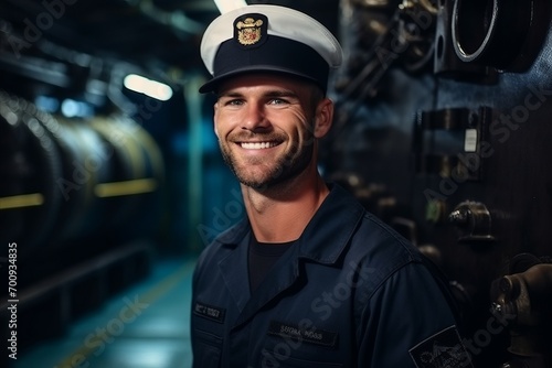 Portrait of a smiling male sailor in uniform at a shipyard