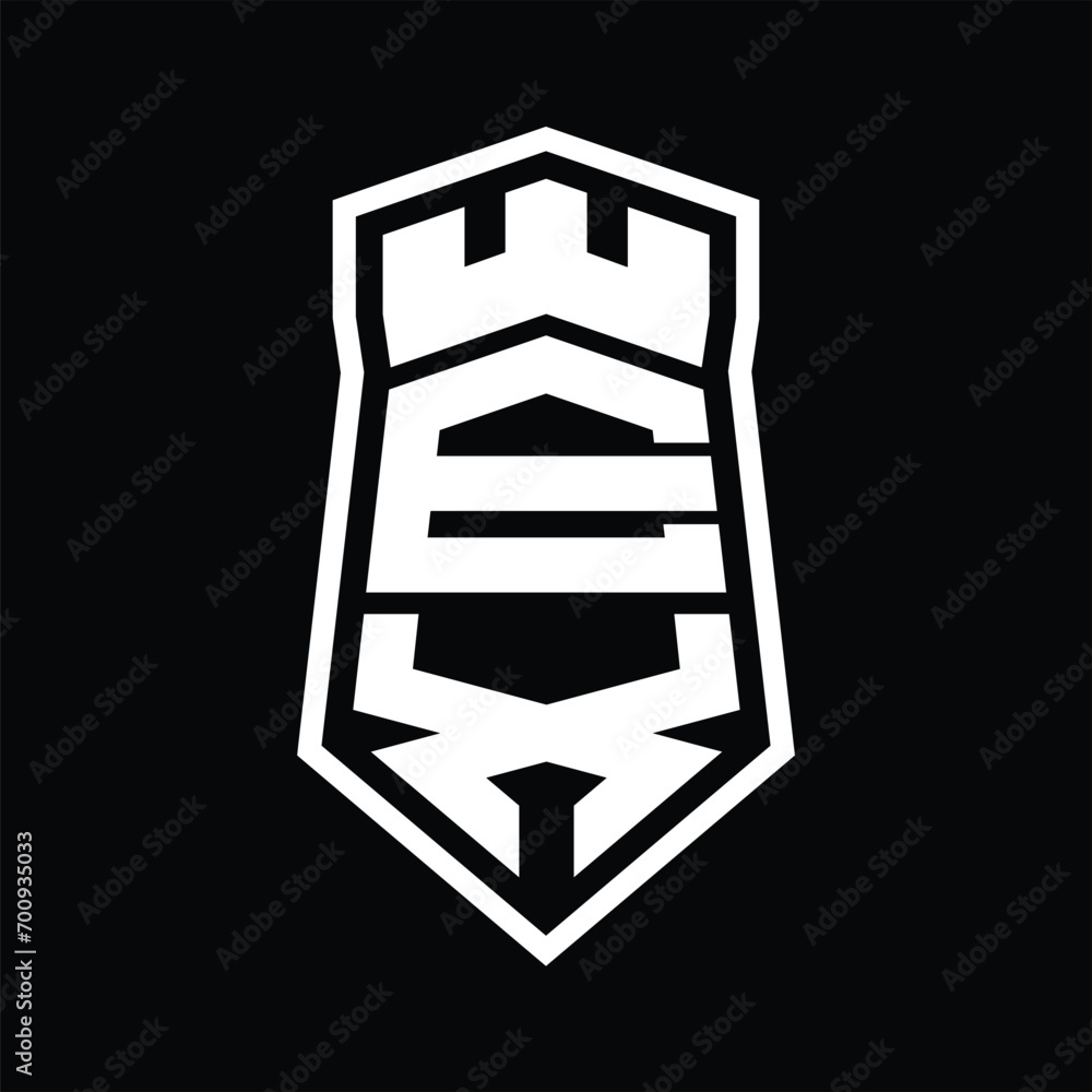 EX Letter Logo monogram hexagon shield shape up and down with crown castle isolated style design EX Letter Logo monogram hexagon shield shape up and down with crown castle isolated style design
