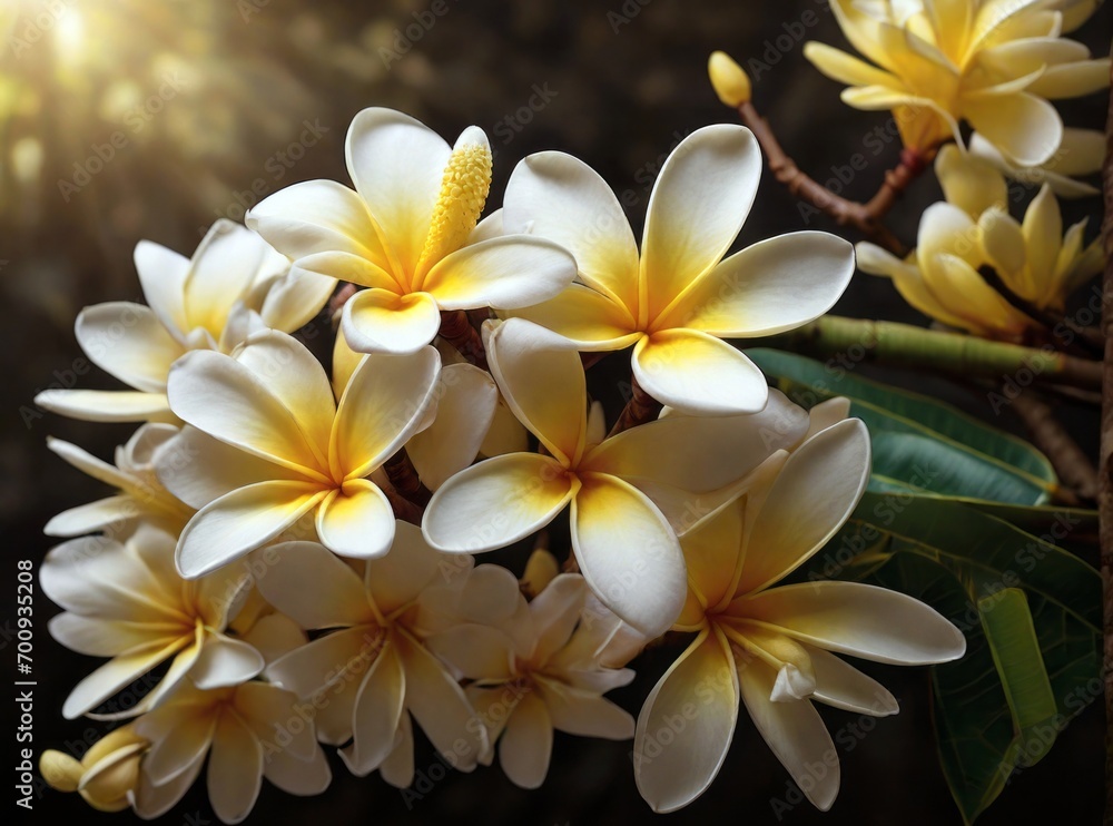 Fototapeta premium Beautiful white frangipani flower. Generative AI.