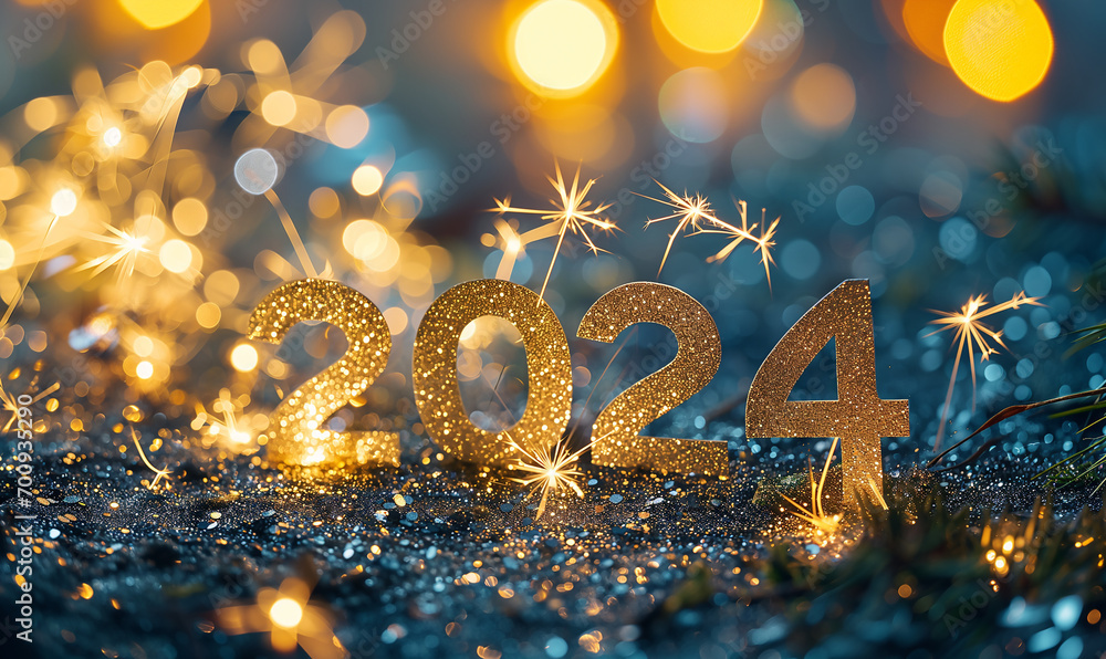 décoration dans le sapin, les chiffres formant la date 2024 en paillettes dorées, avec un fond bleu foncé festif, et des étincelles brillantes et dorées, avec bokeh pour fêtes de fin d'année décoration dans le sapin, les chiffres formant la date 2024 en paillettes dorées, avec un fond bleu foncé festif, et des étincelles brillantes et dorées, avec bokeh pour fêtes de fin d'année