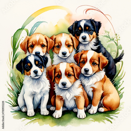 Fototapeta Naklejka Na Ścianę i Meble -  Cute puppy with flowers watercolor styles