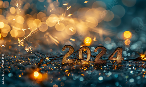 guirlande électrique formant la date de la nouvelle année 2024 brillante et dorée à paillette sur fond bleu foncé festif avec bokeh, pour célébration du nouvel an. Espace négatif texte. photo