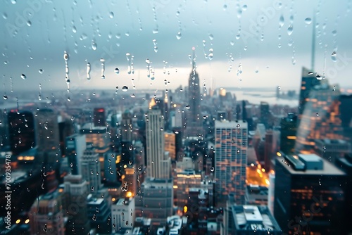 rain water droplets on the glass window with the view of city skyline