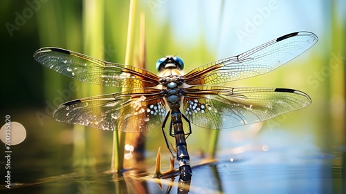 A dragonfly perched on a reed