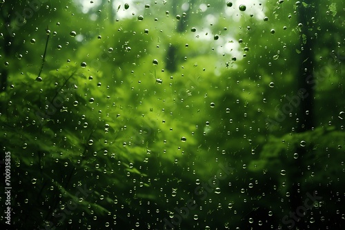 Green forest plants view from the glass window with rainwater droplets © DailyLifeImages