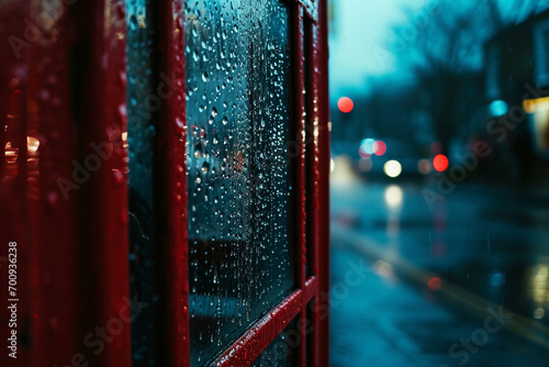 atmospheric photo featuring a red phone booth in the rain, with raindrops glistening on its surface, adding a touch of drama and texture to the minimalistic scene. Minimalistic pho