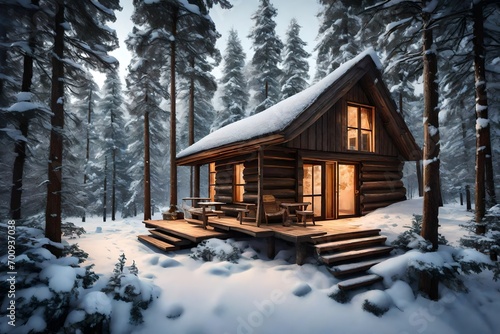 A cozy cabin in the middle of a snowy forest. © V.fang