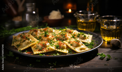 Gourmet Ravioli Pasta Sprinkled with Cheese and Herbs Served on Rustic Table with Whiskey