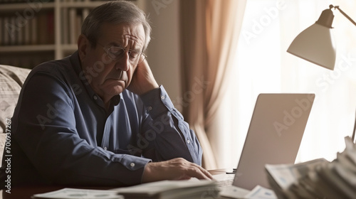 a Retired senior man Facing Financial Challenges: Serious Expression While Reviewing debt Bills and Laptop Indoors. Tax issues, mortgage, foreclosure, penalties and late fees concept photo