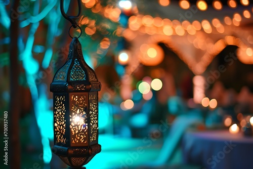 decoration of Ramadan Kareem and Eid Mubarak with lanterns background