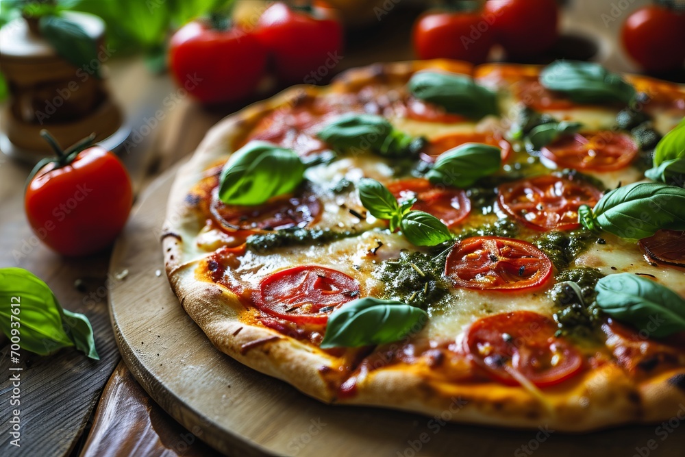 pizza on a pestal green plan background pizza on a pestal green plan background