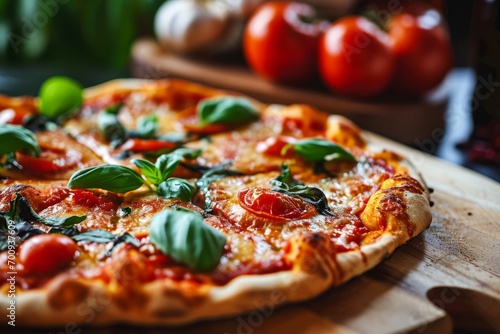 pizza on a pestal green plan background
