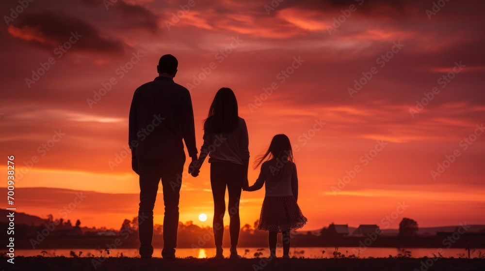 Silhouette of family standing sunset background macro, close up, closeup