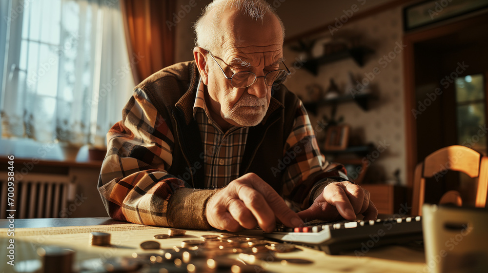 a Senior Man in Distress Counting Coins with a Calculator: A Portrait of Financial Hardship and Elderly Struggle with paying debts in retirement. Tax issues, mortgage, pension, and late fees concept a Senior Man in Distress Counting Coins with a Calculator: A Portrait of Financial Hardship and Elderly Struggle with paying debts in retirement. Tax issues, mortgage, pension, and late fees concept