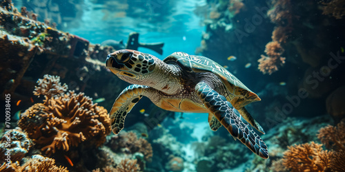Majestic Sea Turtle Swimming Past a Sunken Shipwreck Surrounded by Coral Reefs in an Underwater Seascape © Bartek