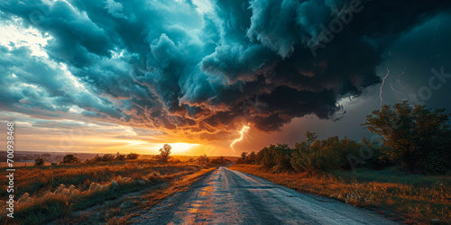 Apocalyptic Vision of a Supercell Thunderstorm with Dramatic Lightning Strike on a Rural Road, Embodying Nature's Fury © Bartek