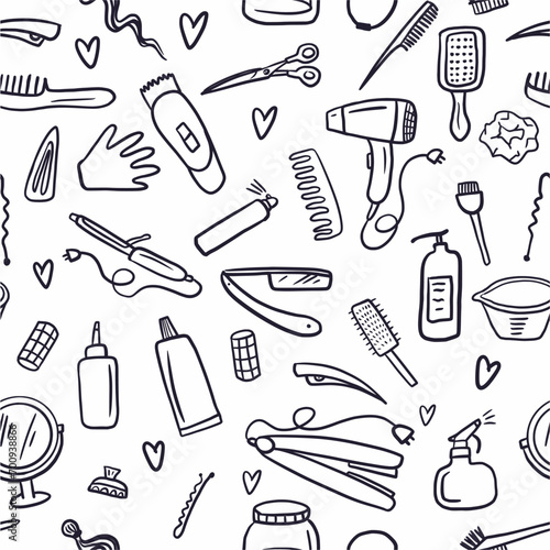 Vector seamless pattern from the collection of barber's working tools, hand-drawn in the style of doodles.